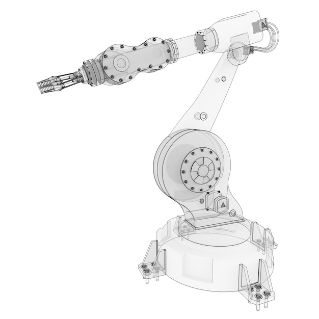 Robotic arm for any work in a factory or production. Mechatronic equipment for complex tasks. 3d illustration.