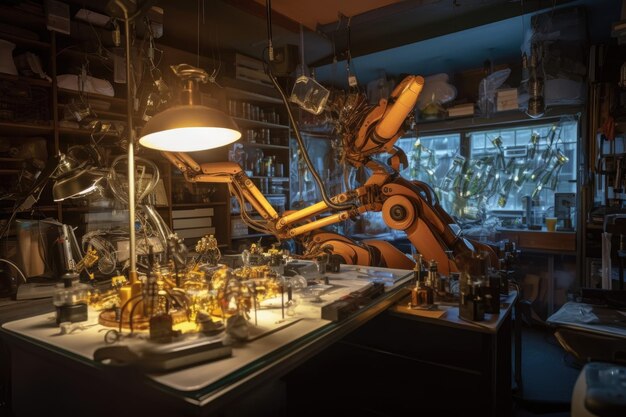 Photo robotic arm assembling ai components in lab created with generative ai