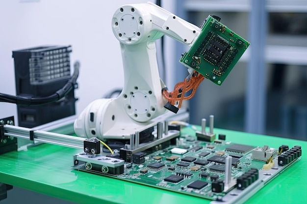 Robotic arm assembling electronic circuit board in hightech laboratory