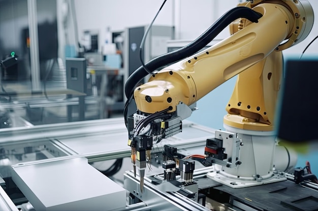 Robotic arm assembling electronic device on factory floor