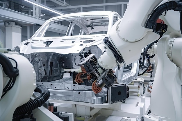 Robotic arm assembling parts of modern car