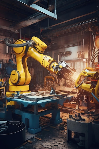 Robotic arm assembling a product in a factory created with generative ai