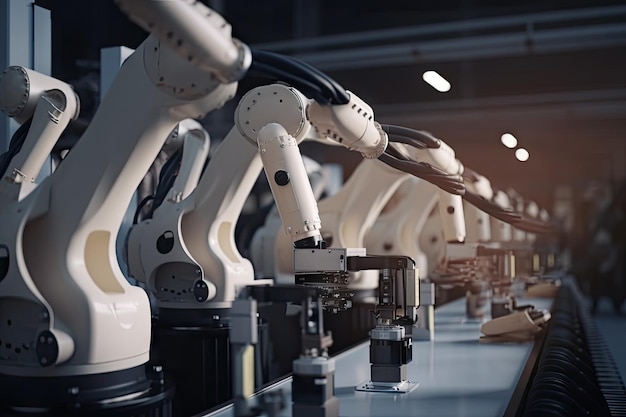 Robotic arm assembling widgets on factory line