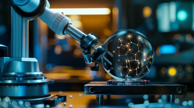 A robotic arm examines a molecular structure within a glass sphere in a hightech laboratory setting