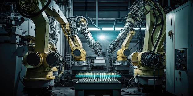 컴퓨터 소프트웨어로 제어되는 공장 생산 라인의 로봇 팔