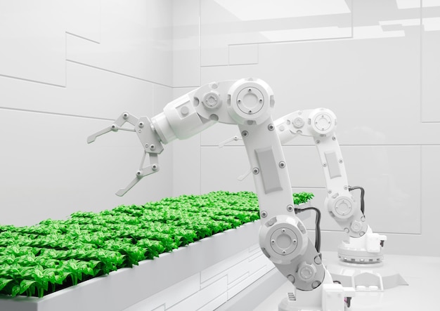 Robotic arm growing plants in a greenhouse Smart farm concept automated farming