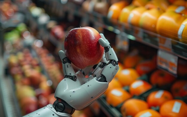 Photo a robotic arm is delicately holding a ripe red apple contrasting against an outoffocus background