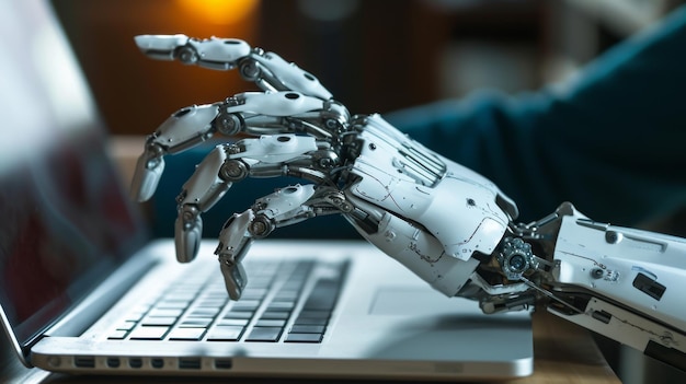 роботизированная рука расположена над клавиатурой ноутбука