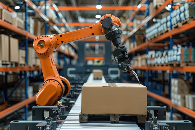 Photo a robotic arm moving a box on a conveyor belt