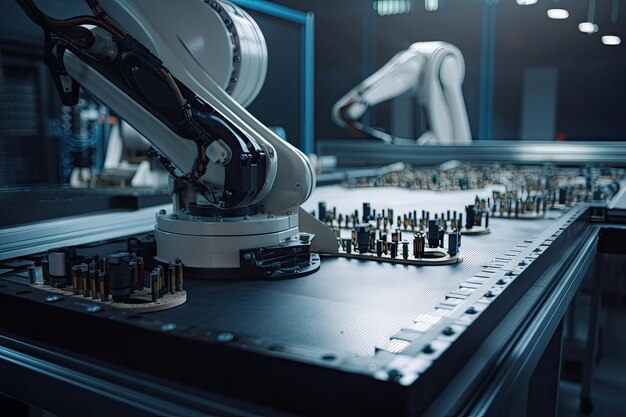 Robotic arm moving parts into position on assembly line