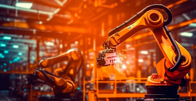 Robotic arm performing welding in an industrial plant using the latest technology AI generated image
