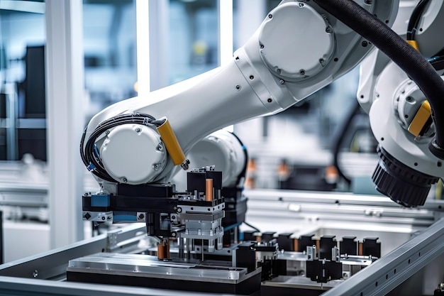 Robotic arm picking up piece of machinery from assembly line