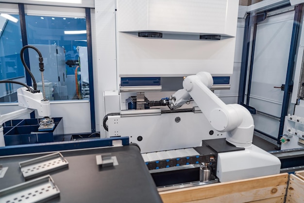 Robotic Arm production lines modern industrial technology. Automated production cell.