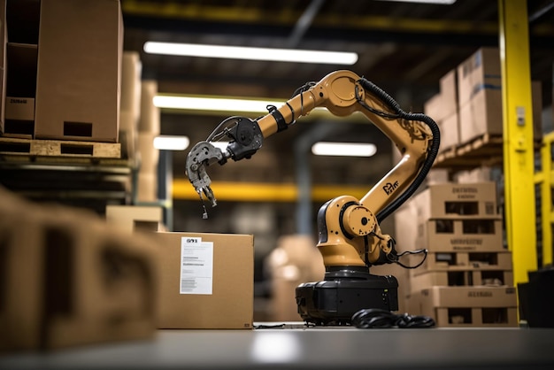 a robotic arm sorting packages in a warehouse representing the logistics and ecommerce industries