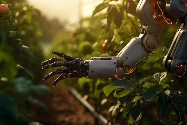 Foto tecnologia del braccio robotico nella fattoria delle piante da generative ai