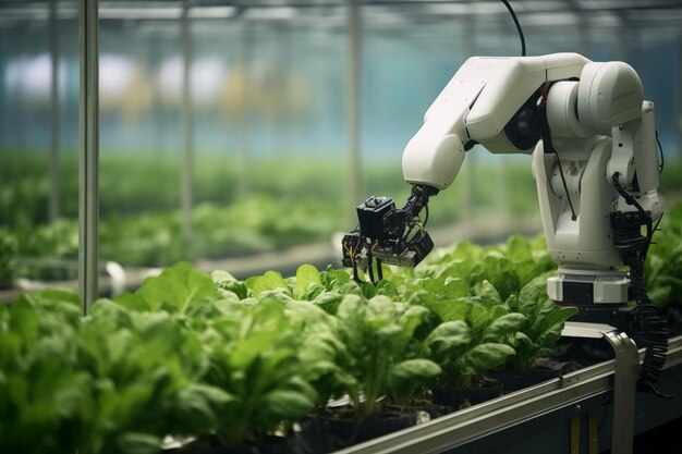 Photo robotic arm technology in plants farm by generative ai