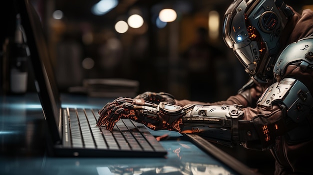 Роботизированная рука печатает на клавиатуре компьютера Генеративный искусственный интеллект