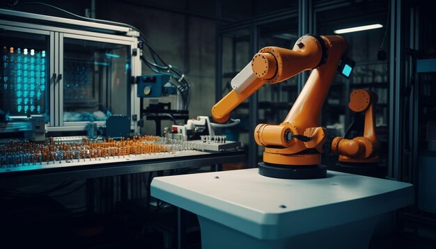 Robotic arm welding steel in futuristic factory generated by AI