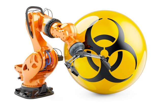 Robotic arm with biohazard sign 3D rendering