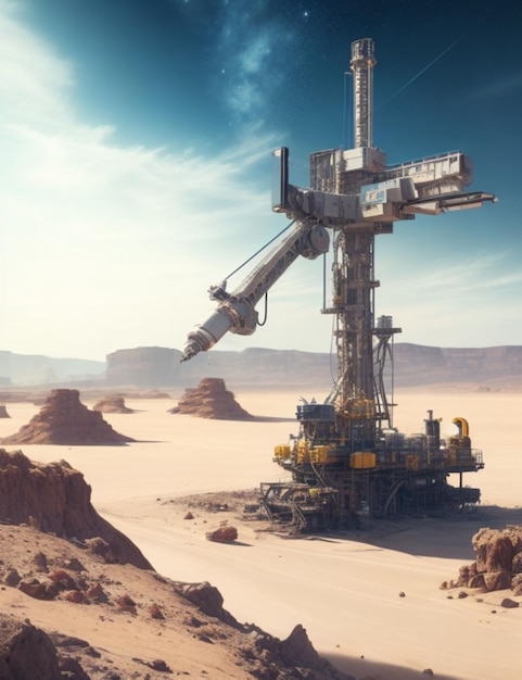 A robotic arm with a drill bit attached hovering over a natural gas well in a desolate futuristic