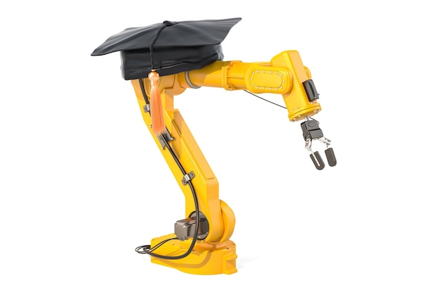 Robotic arm with education hat deep learning concept 3D rendering