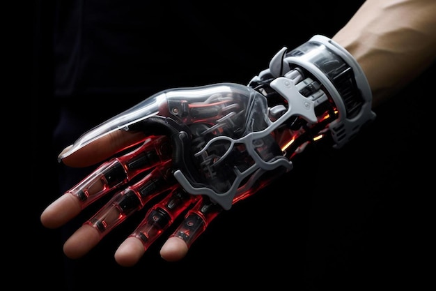 роботизированная рука с красно-черной рукой, на которой написано "робот".