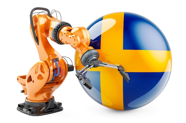 Robotic arm with Swedish flag Modern technology industry and production in Sweden concept 3D rendering