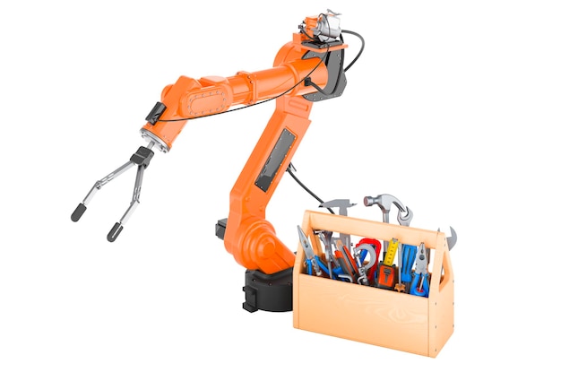 Robotic arm with toolbox Service and repair of mechanical robotic arm 3D rendering