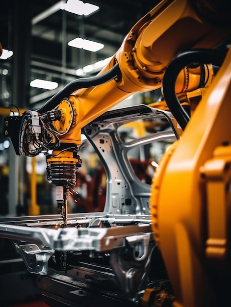 Foto un braccio robotico che lavora su un'auto in una fabbrica
