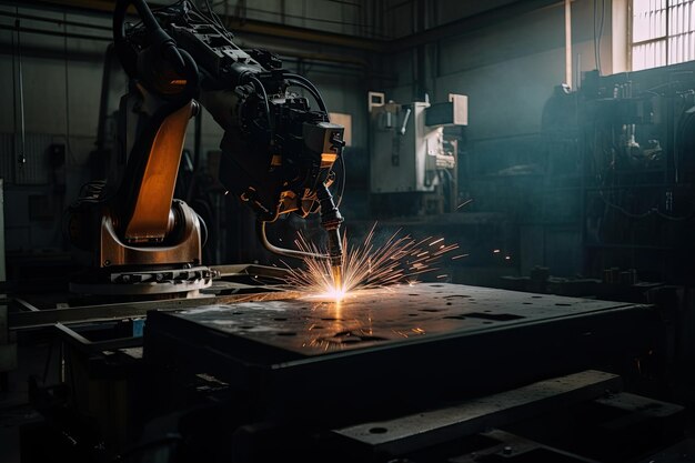 Robotic arm works on welding Conveyor line at factory Generative AI