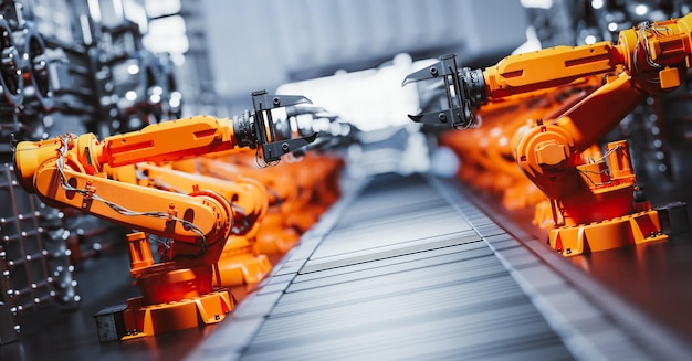 現代の工場の組立ラインに沿ったロボット アーム重工業技術と機械学習の 3D レンダリング