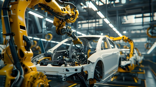 Foto armi robotici che assemblano un'auto sulla linea di produzione automazione industriale nella tecnologia di produzione automobilistica avanzi nell'ia dell'industria automobilistica