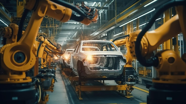 Photo robotic arms in a car plant generative ai