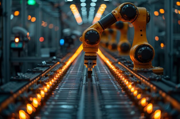 Photo robotic arms on conveyor belt in factory