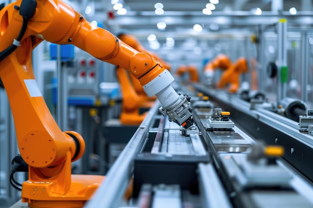 Robotic arms efficiënt bewegen langs een transportband in een fabriek het uitvoeren van geautomatiseerde taken met precisie en snelheid Closeup van robotmachines in een productielijn AI gegenereerd