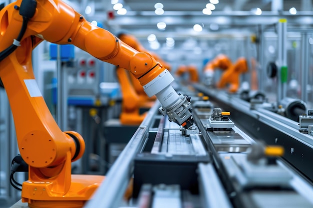 ロボットアームは工場のコンベヤーベルトに沿って効率的に動き精度と速度で自動化されたタスクを実行します 製造ラインのロボット機械のクローズアップ AI 生成