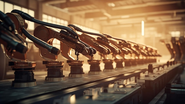 Foto le braccia robotiche in fila all'interno di una fabbrica