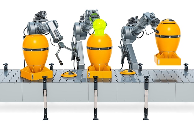 Robotic arms with nuclear atomic bombs on the conveyor belt 3D rendering