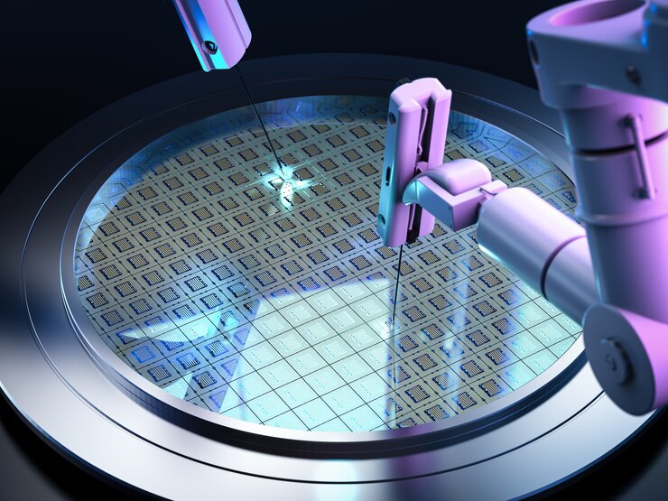 Photo robotic arms with silicon wafers for semiconductor