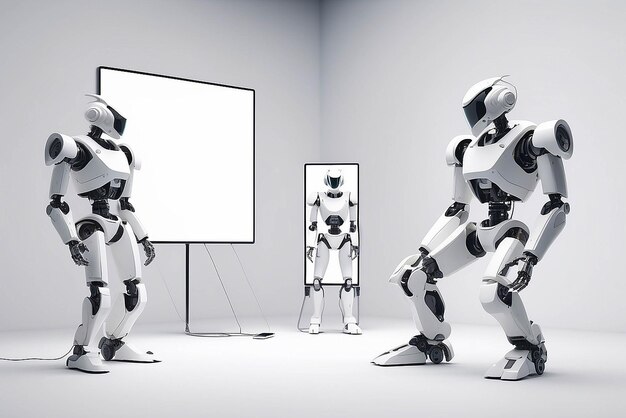Foto robotic art installatie in een tech conferentie mockup met lege witte lege ruimte voor het plaatsen van uw ontwerp