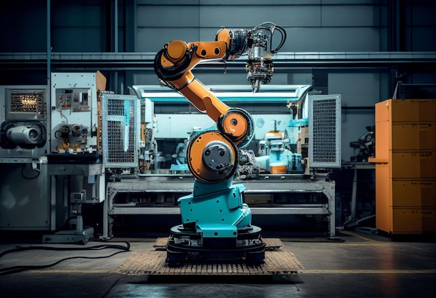 Foto prodotto di assemblaggio robotizzato nell'industria dell'automazione di fabbrica creato con la tecnologia di intelligenza artificiale generativa