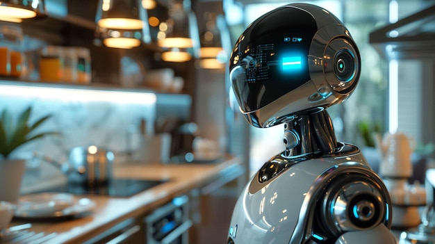 Робот-помощник из гладкого металла, предназначенный для помощи в бытовых заданиях на футуристической кухне с голографическими дисплеями, оживленными деятельностью футуристического искусства 3D.