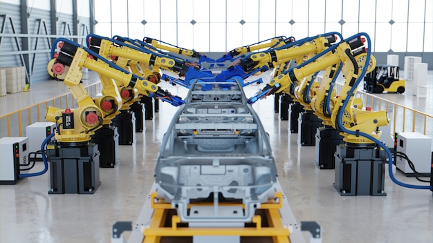 Assemblaggio automobilistico robotizzato in fabbrica.