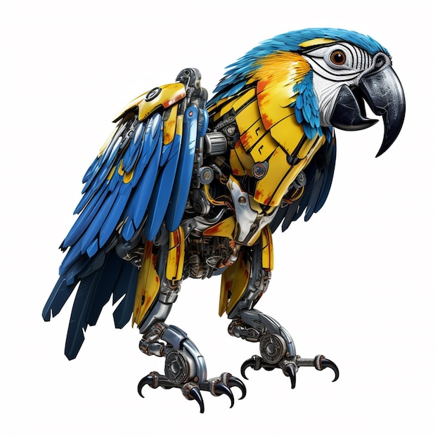 Robotic blueandyellow macaw parrot as mechanical on white background