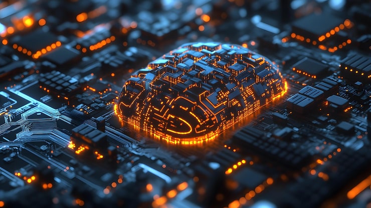 Photo robotic brain composed of complex circuit boards illuminated with data streams calculating stock patterns representing the integration of algorithmic trading with machine intelligence