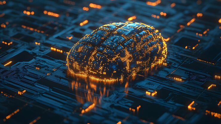 Photo robotic brain composed of complex circuit boards illuminated with data streams calculating stock patterns representing the integration of algorithmic trading with machine intelligence
