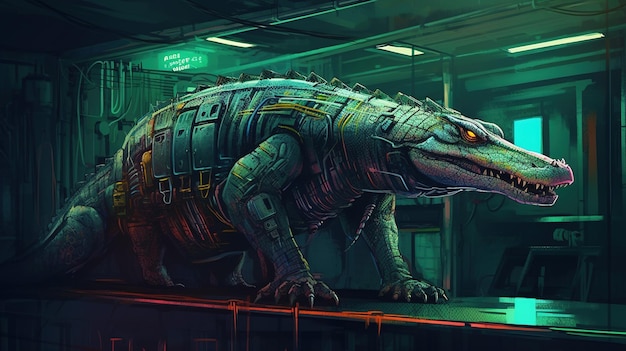 A robotic crocodile guarding a vault Fantasy concept Illustration painting Generative AI