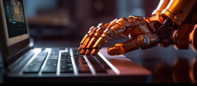 Robotic cyborg hand pressing a keyboard on a laptop