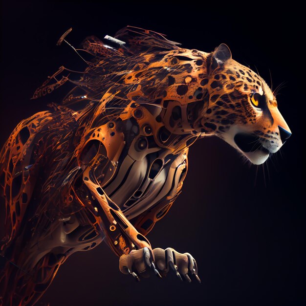 Robotic cyborg tiger warrior in black background