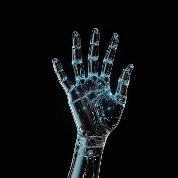 Photo robotic digital hand on dark background with copy space neural network connection communication with artificial intelligence